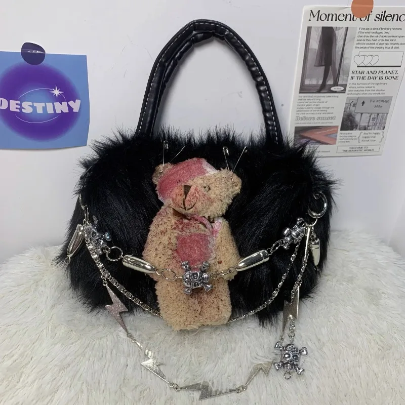 Y2k Aesthetic Gothic Cartoon Bear Women's Handbags Punk Harajuku Fluffy Shoulder Bag Streetwear Ins Skull Chain Top-Handle Bags