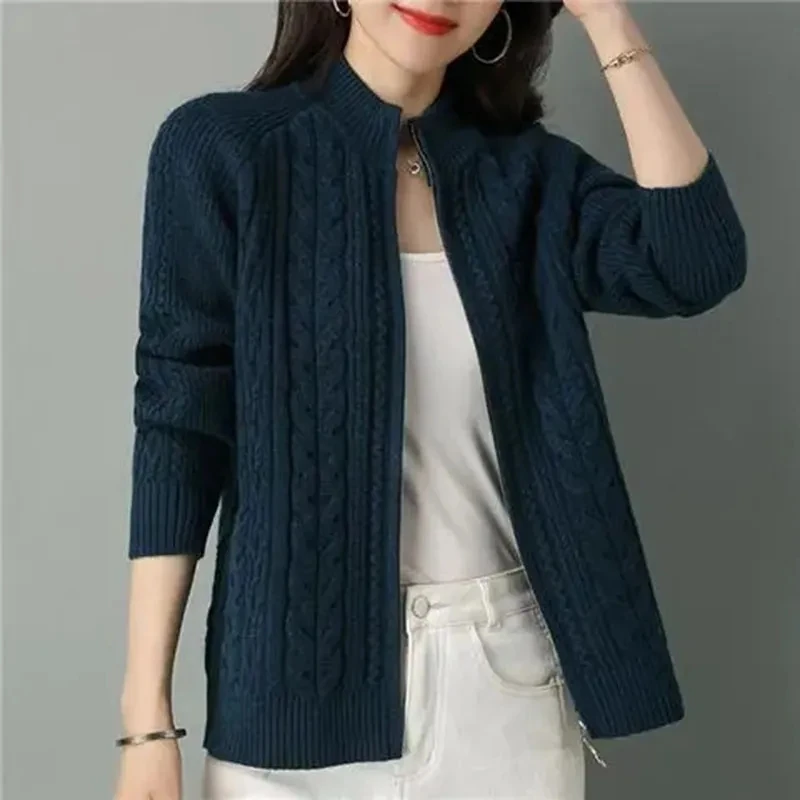 Cárdigan de punto con cremallera y Cuello medio alto para mujer, chaqueta de manga larga de Color sólido, abrigo de suéter grueso, otoño e invierno,