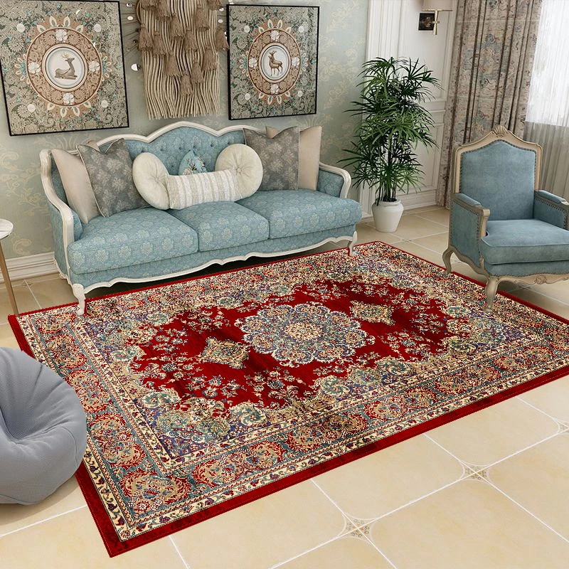 Persian Style Red Carpet for Living Room Washable Luxury American Hairless Table Area Rug for Bedroom Home Anti-slip Floor Mat