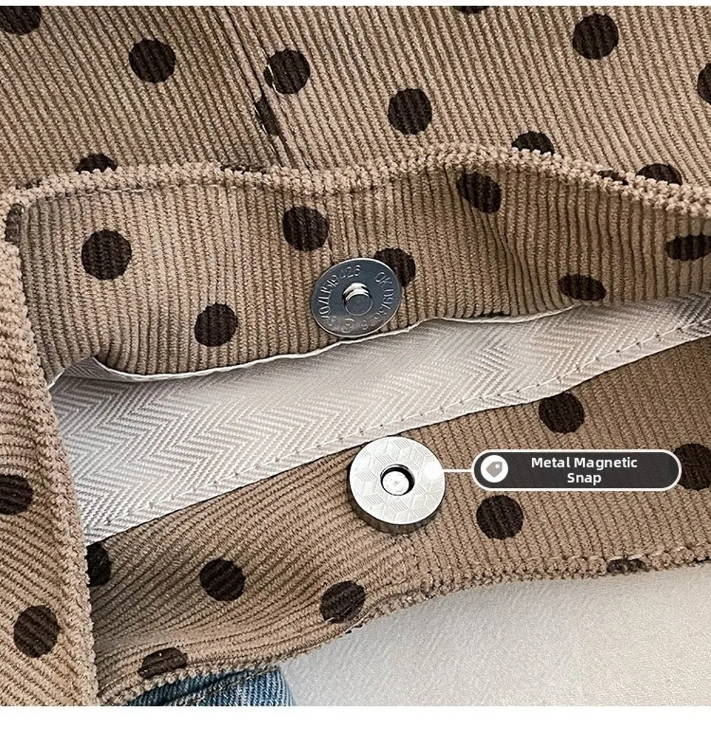 Neue Damenhandtasche mit Polka-Dot-Muster, lässige Umhängetasche aus Cord, große Tragetasche für den täglichen Pendelverkehr – Detail 2