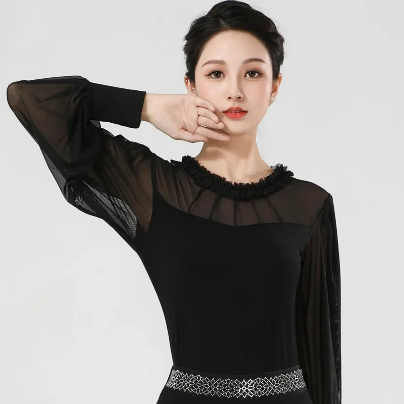 Abbigliamento da ballo da donna latino sexy top in rete maniche lunghe tuta da ballo sala da ballo valzer della pancia linea classica nuovi pantaloni con strass