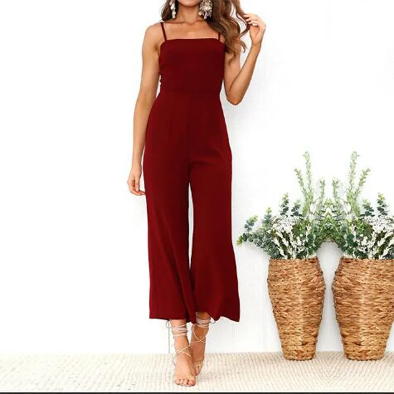 

Women Sexy Backless Solid Jumpsuits Summer Fashion Casual Spaghetti Strap Jumpsuit Ladies Sleeveless Straight Rompers Overalls