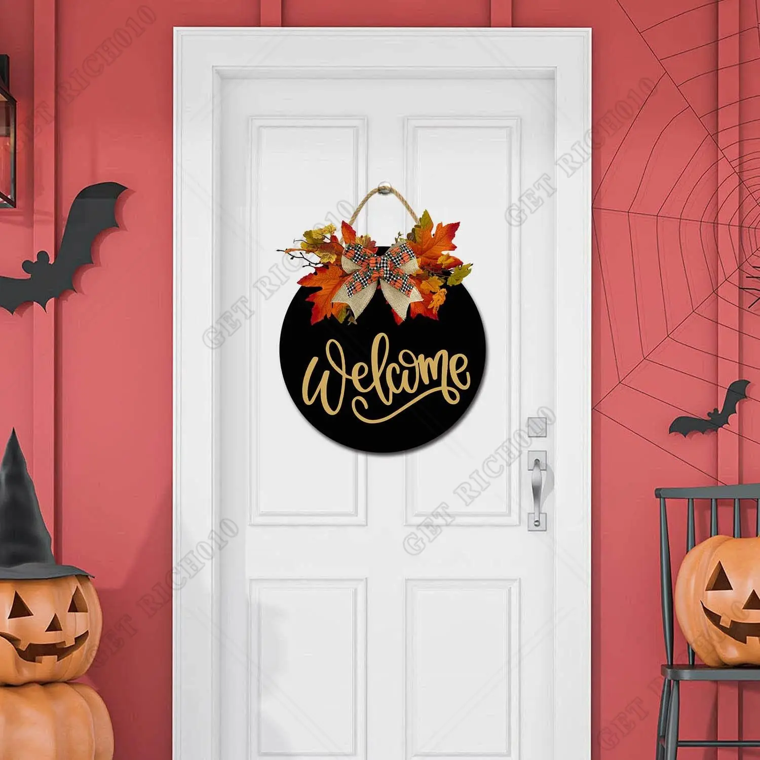 Fall Welcome Sign Halloween Front Door Decor Harvest Autumn Pumpkin Wreath for Wall Thanksgiving Hanger Entry Way Porch Home