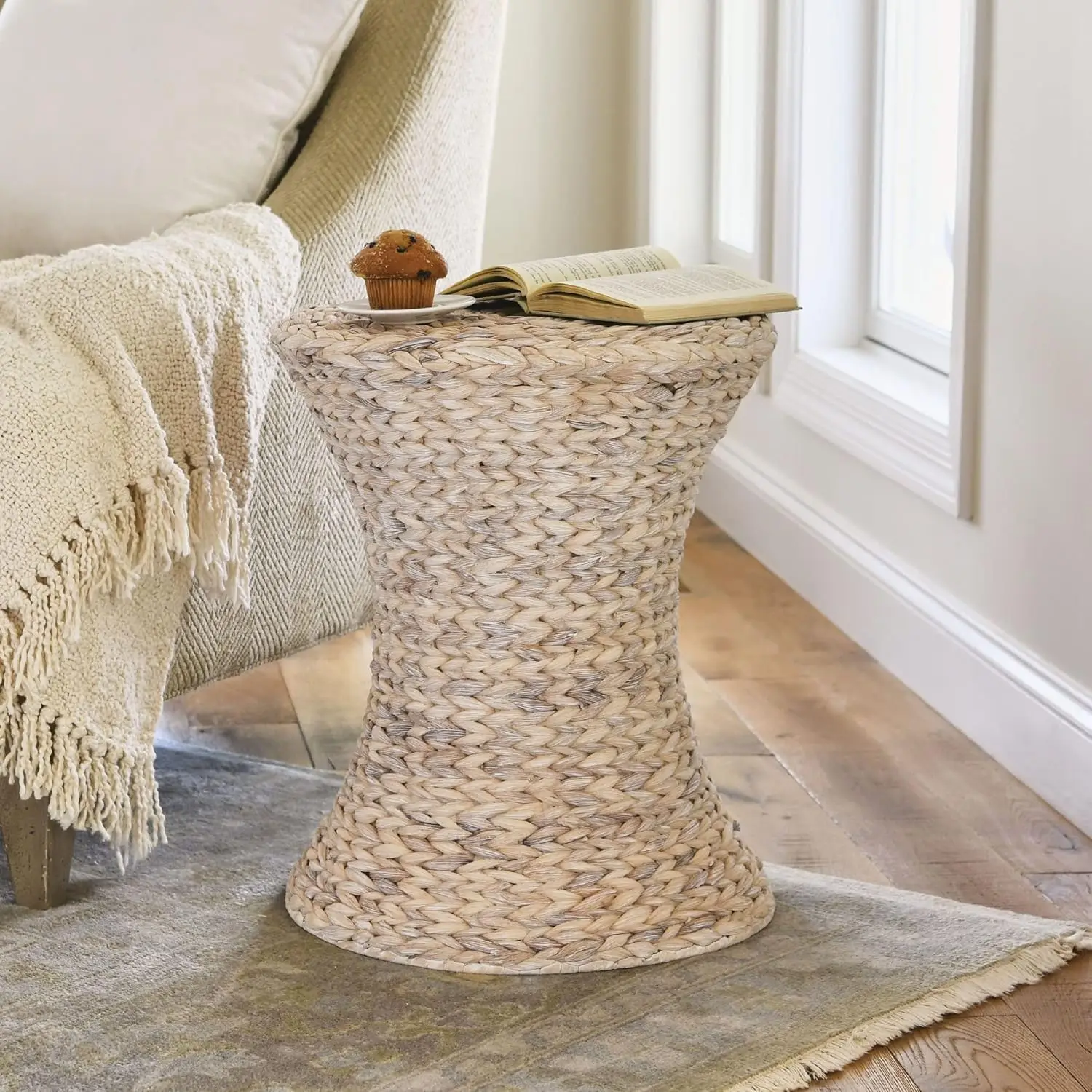 Handwoven Water Hyacinth Wicker Stool, Hourglass Shape with White Wash Finish for Home Decor