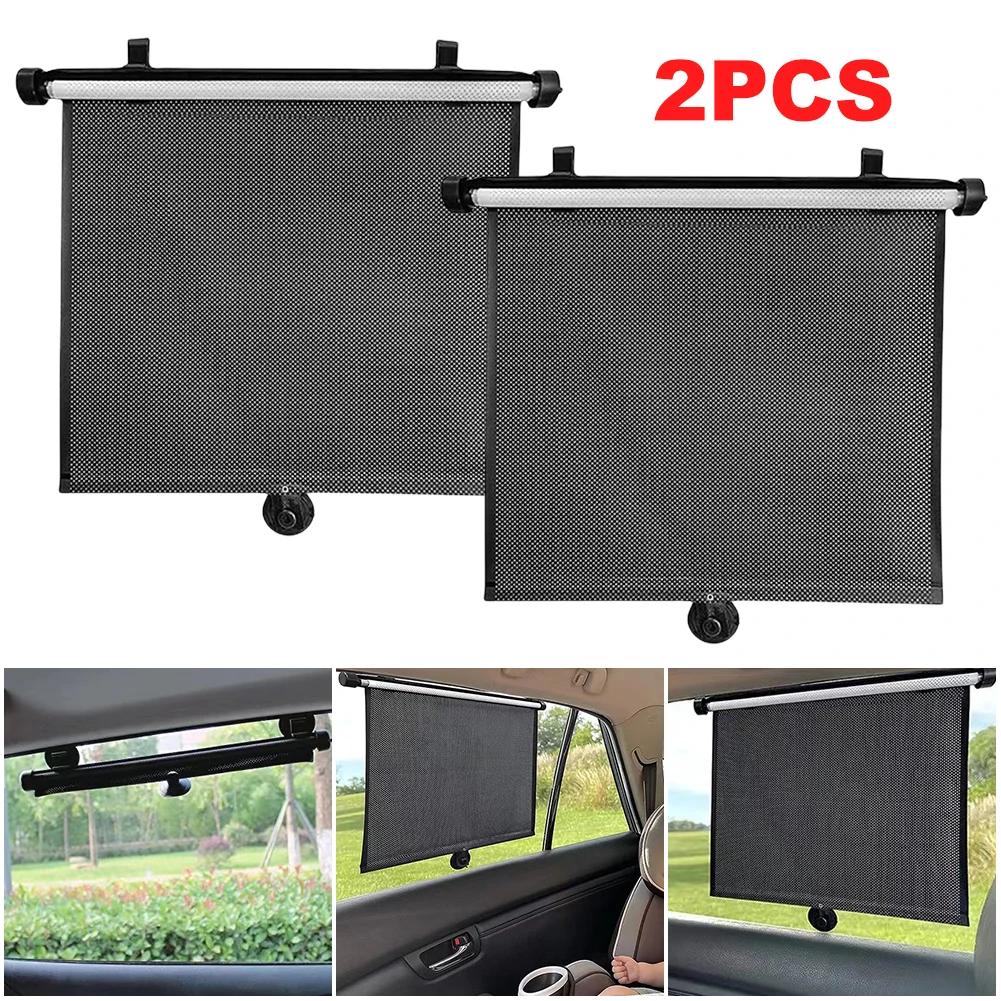 

2Pcs Side Window Cover with Suction Cup Roller Automobile Sunshade Press Button Roll Up Mesh Summer Heat Insulation Glass Shade