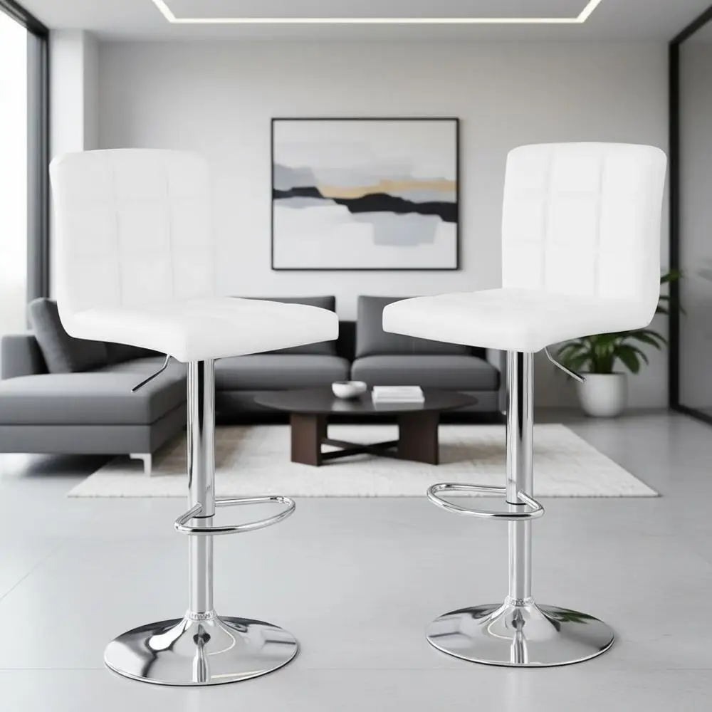 

White Adjustable Swivel Bar Stools Set of 2 with Square PU Leather for Kitchen Counter Height