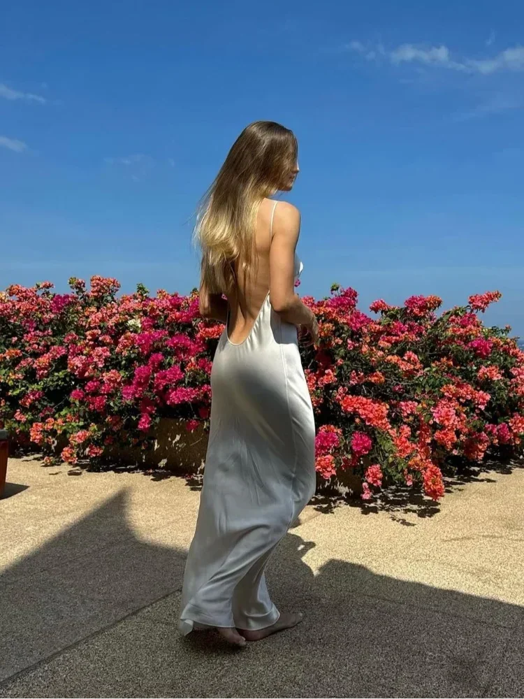 Fashion Solid Satin Backless Dress For Women Sexy Sleeveless Backless Spaghetti Strap Dresses New Female Beach Vocation