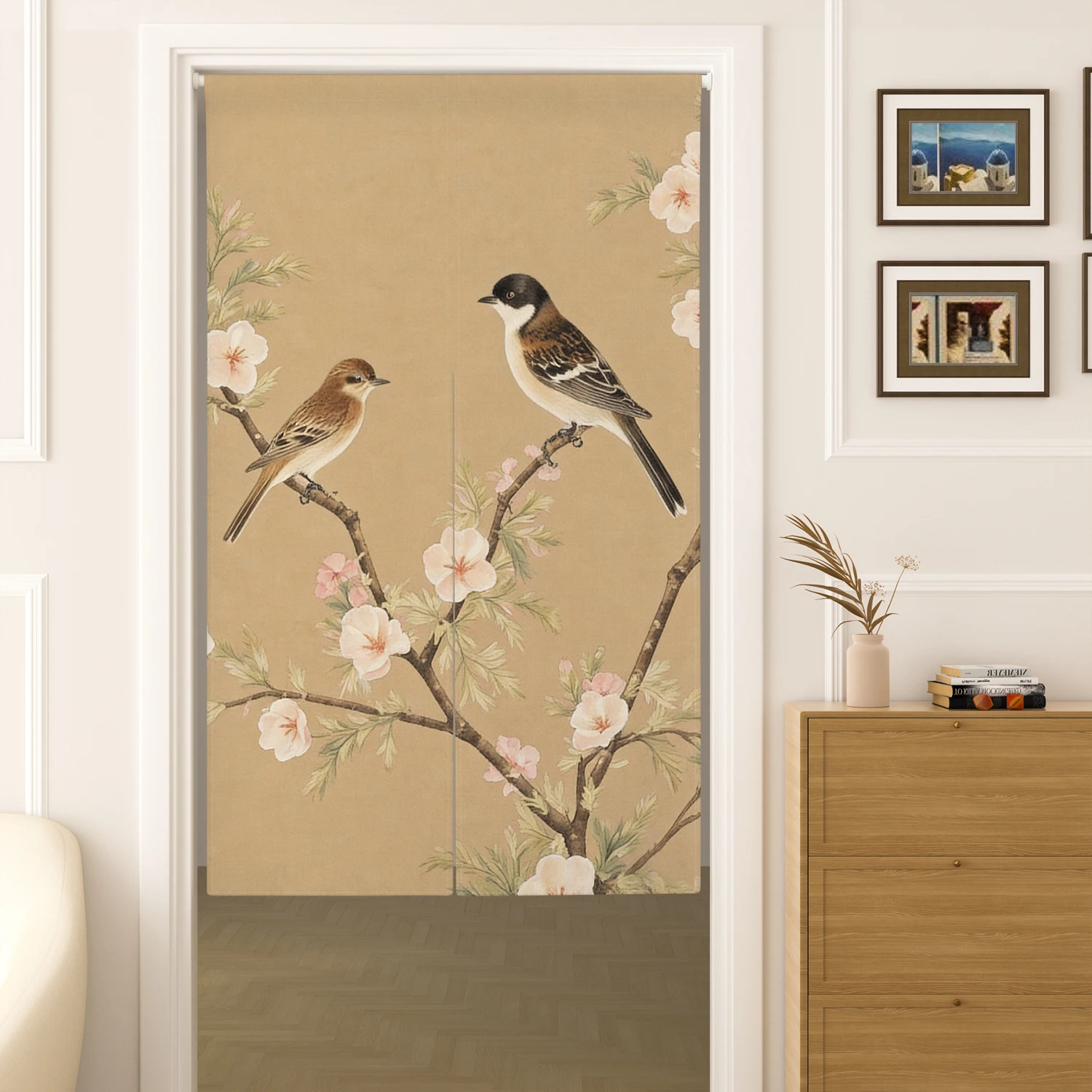 Traditional Chinese Noren Door Curtain Plum Blossom Birds Design Elegant Ink Painting DecorHanging Panel For Living Room Bedroom
