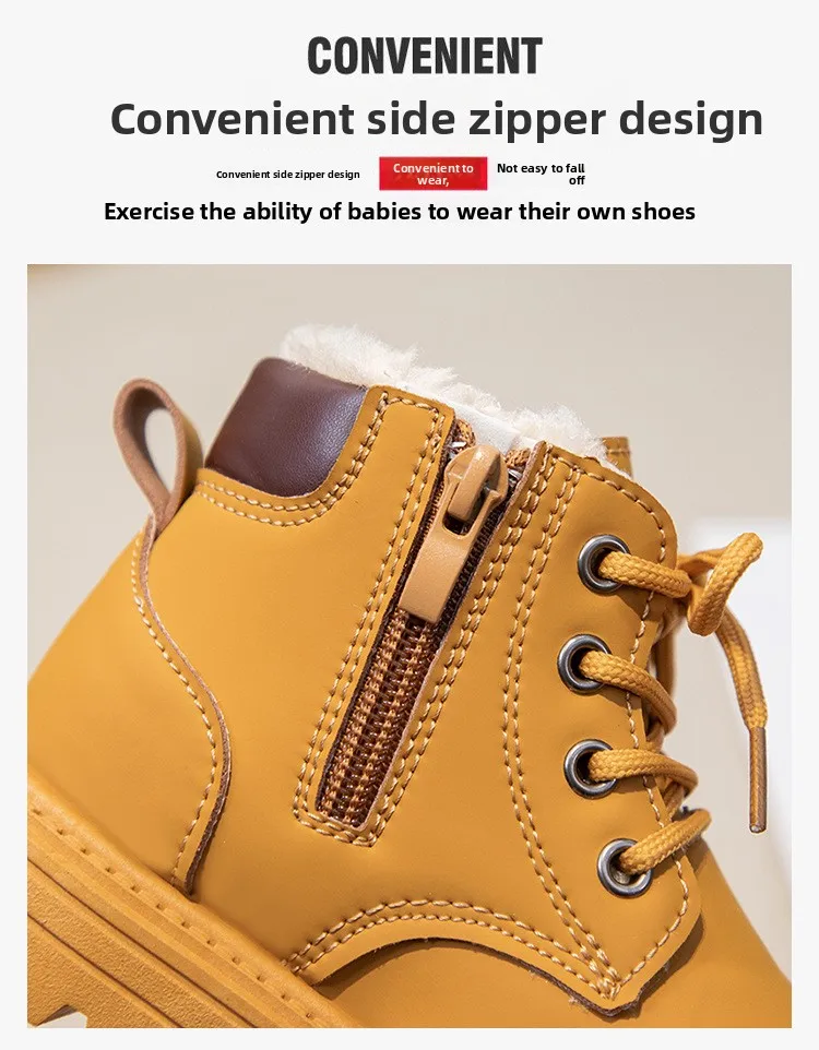 Neue Kinder-Mode-Stiefel, Winter, verdickte, rutschfeste, warme Lederstiefel für Jungen und Mädchen, seitlicher Reißverschluss, einfarbig, Freizeitschuhe für Kinder – Detail 6
