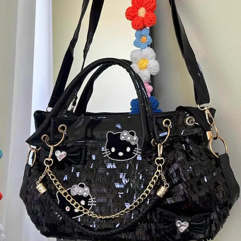 Borsa con paillettes Sanrio di grande capacità Borsa originale Y2K Hello Kitty con fiocco Borsa a tracolla con una spalla per sottocultura di nicchia Sweet Hot Girls