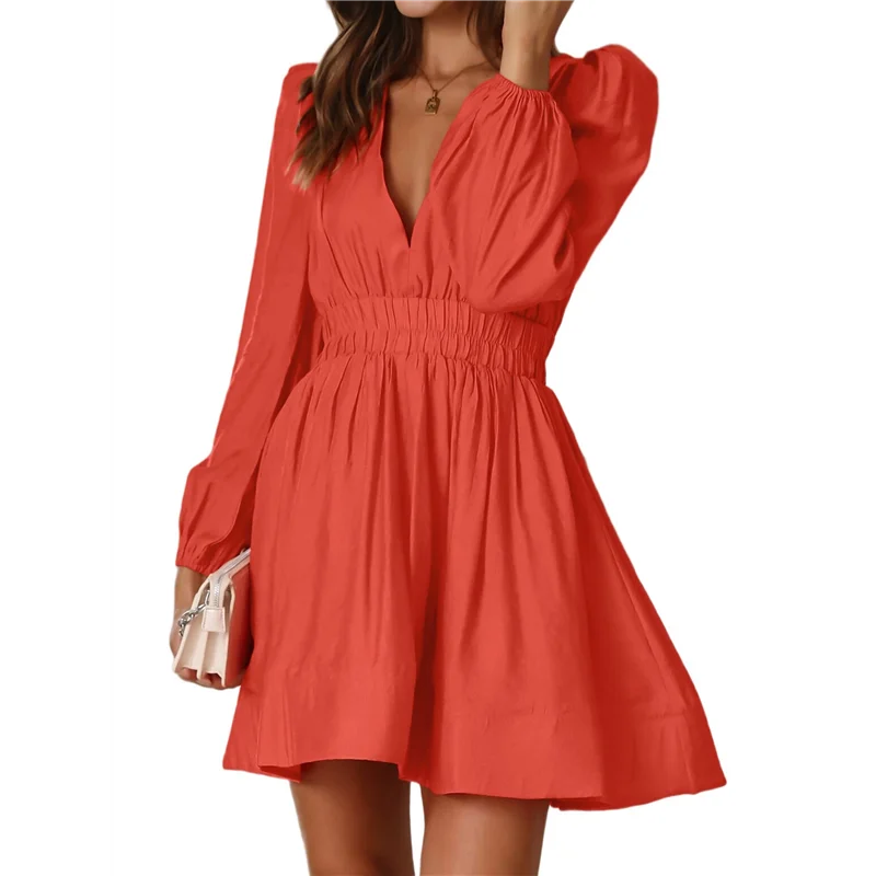 ABP-Mini-Kleid mit tiefem V-Ausschnitt und langen Ärmeln für Damen, A-Linie, hohe Taille, lässiges, fließendes Kleid für Cocktail-Hochzeitsgäste