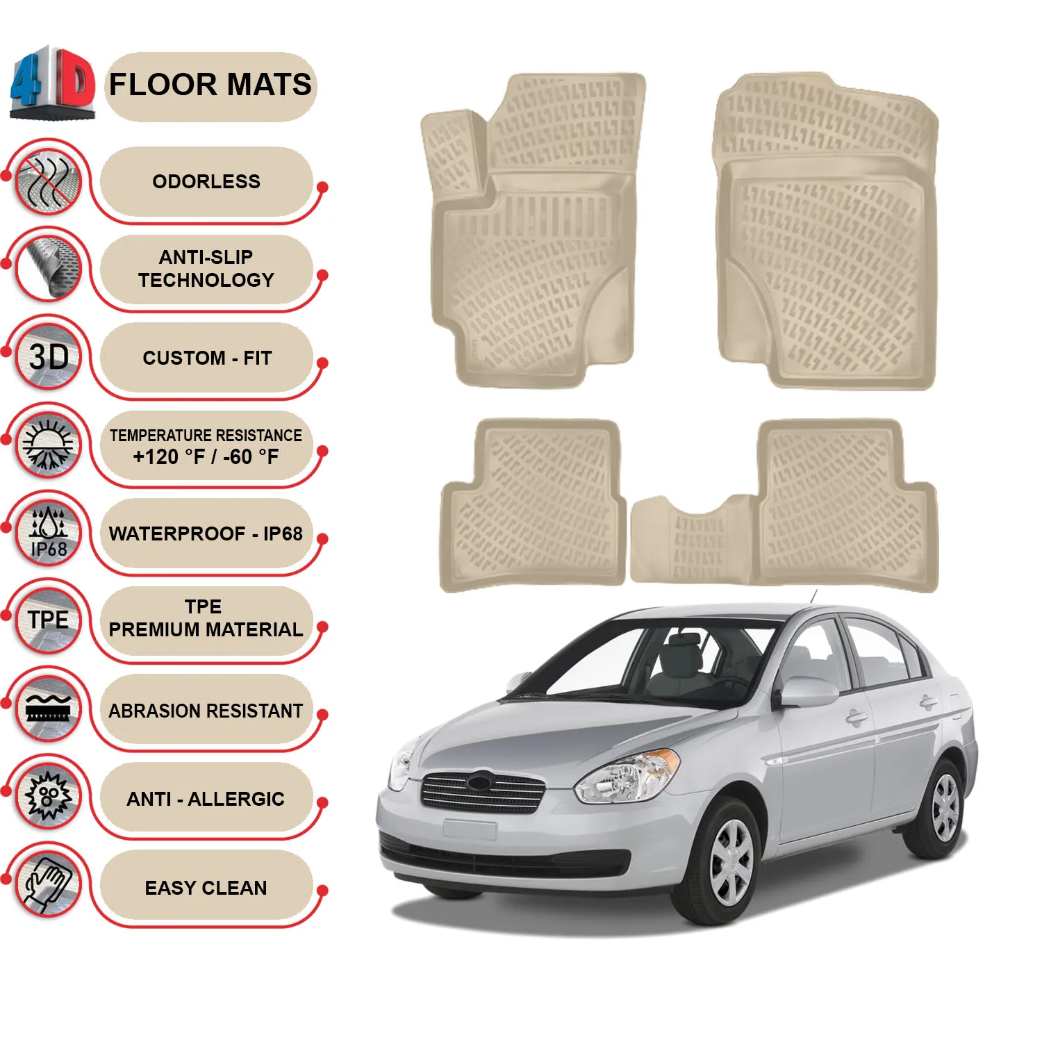 Hyundai Accent Era - (2006-2012) Floor Mats Liner Waterproof 3D - (Beige)