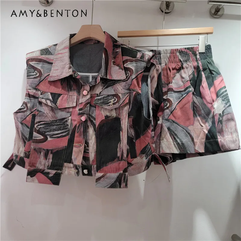 

2025 Summer New Fashion Denim Suit Female Print Oil Painting Design Thin Single-breasted Vest A-line Shorts Two Pieces Set Women