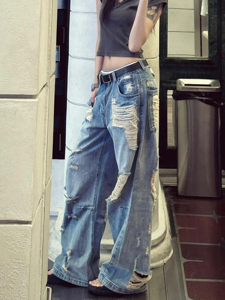 

Джинсы женские в американском стиле, с пэчворком, винтажные, с эффектом потертости, с дырками, длинные, с натуральной талией, для лета