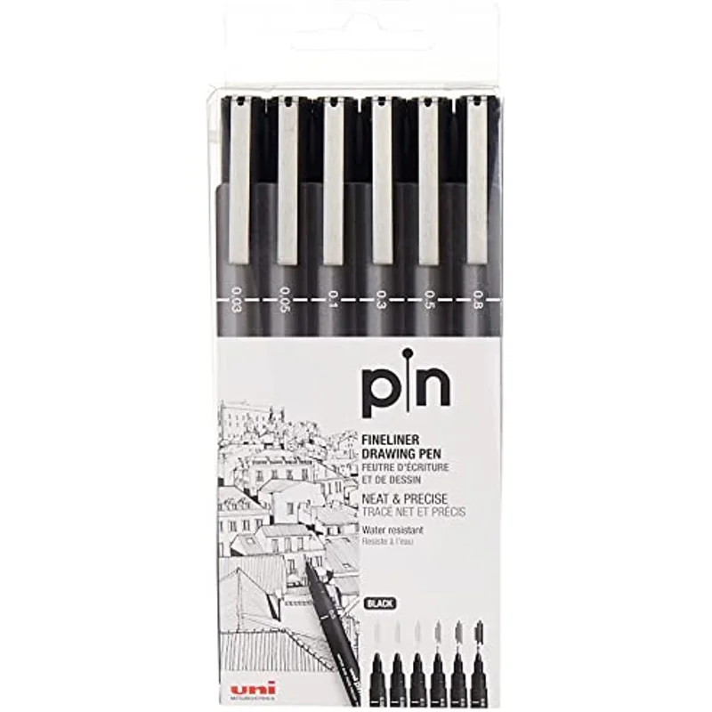 Uni Pin Fineliner Drawing Pen - Sketching Set - Black Ink - 0.03 To 0.8mm - Set of 6 Marker Pens Details Drawing Design