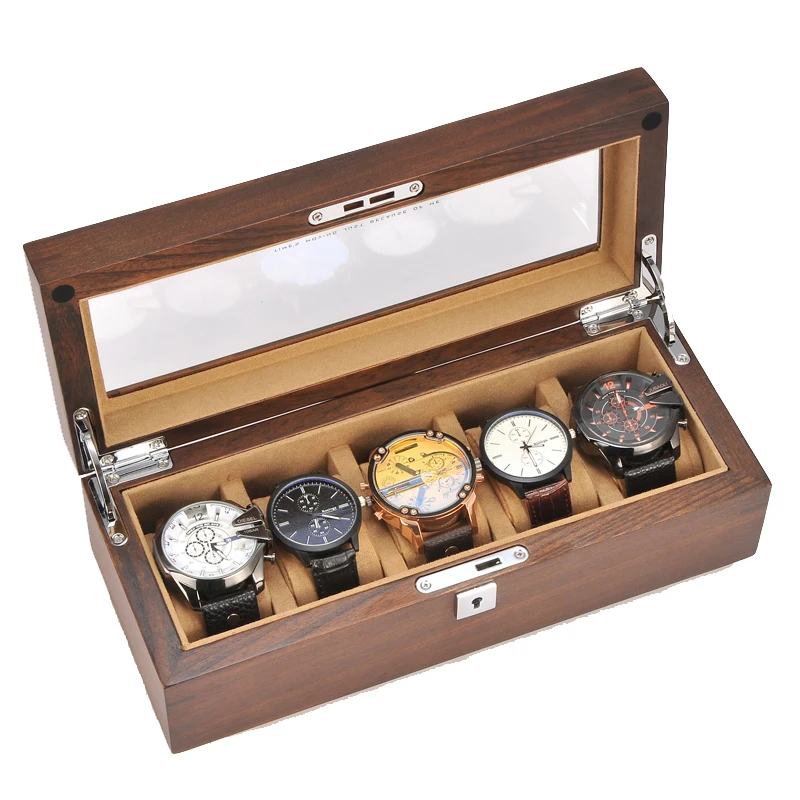 

Solid Wood Watch Box 5 Slots Watch Boxes Storage Case Transparent Skylight Display Tray Wrist Watches Holder Organizer Accessory