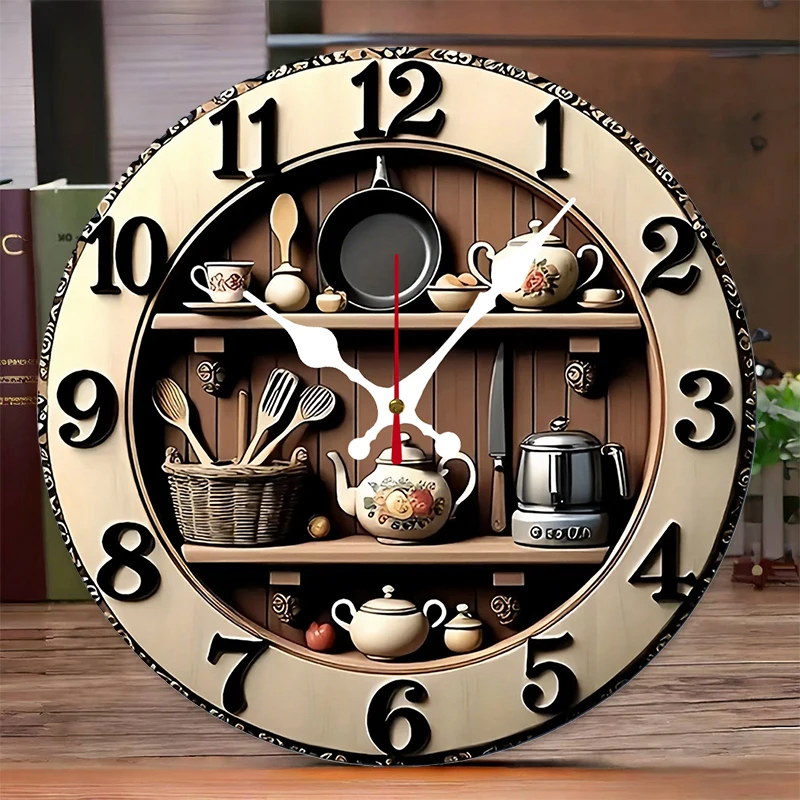 2D Kitchen Utensils Wooden Round Silent Hanging Wall Clock,Suitable For Living Room,Office,Study Room,Bedroom,Home Decoration