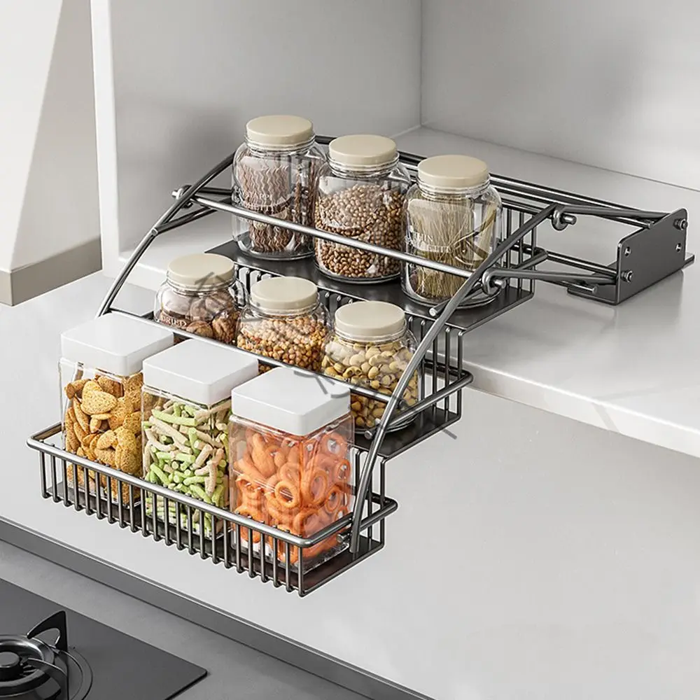 

Carbon Steel 3-Tier Pull Down Spice Rack Large Capacity Space Saving Retractable Spice Rack Strong Load-bearing Rust-proof