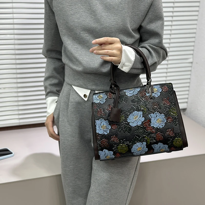 Vintage 3D Floral Embossed Handbag for Women Retro Flower Shoulder Bag Elegant Top Handle Crossbody Purse Vegan Leather Satchel