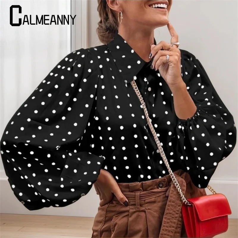 

2025 Spring Fashion Women Shirts Simplicity Polka Dot Elegant Blouses Button Casual Loose Long Lantern Sleeve Lapel Party Tops