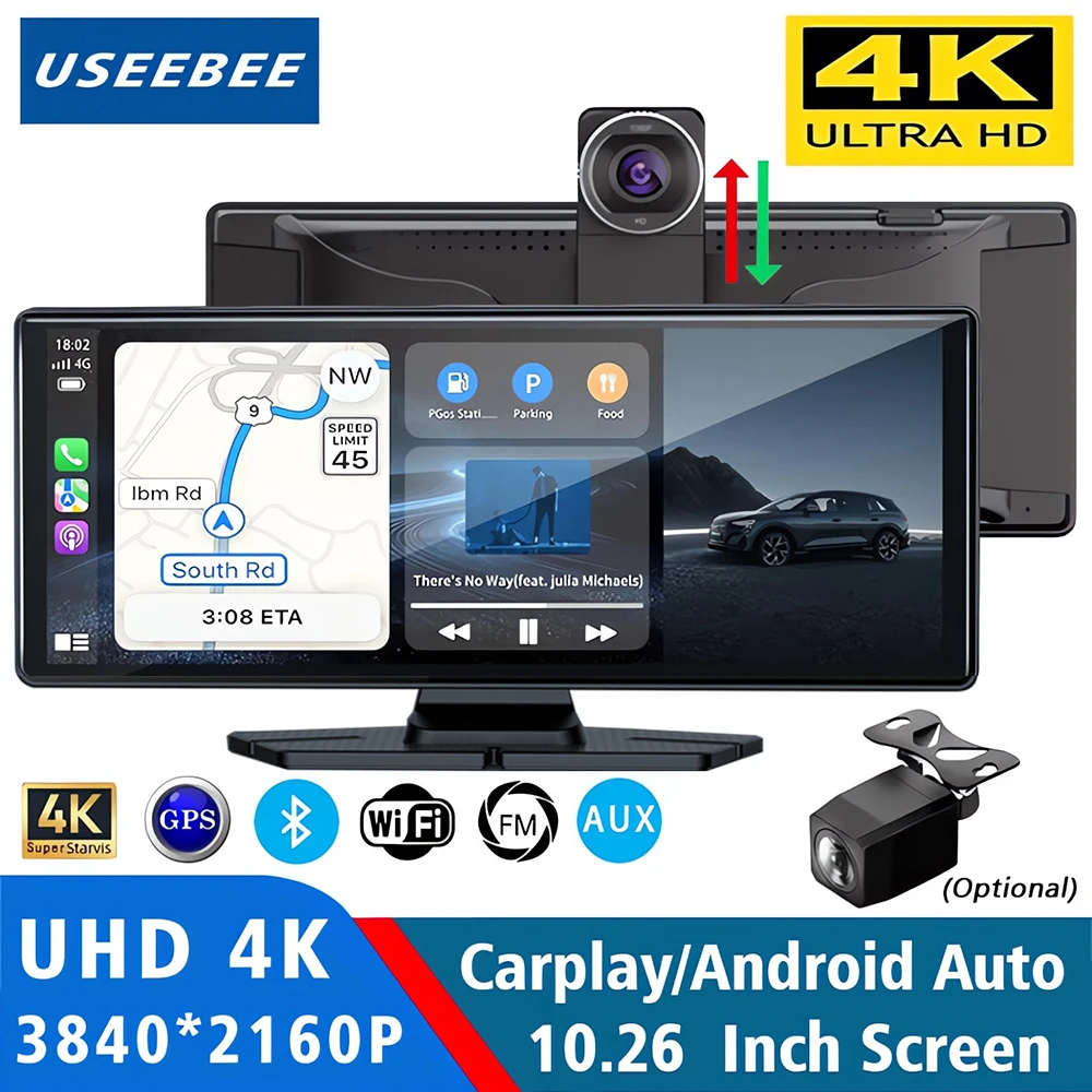 

10,26 "4K 2160P Видеорегистратор Carplay Android Auto GPS 5G WIFI FM BT Автомобильный видеорегистратор с двумя объективами Камера с приводом Черная коробка Видеорегистратор Грузовик