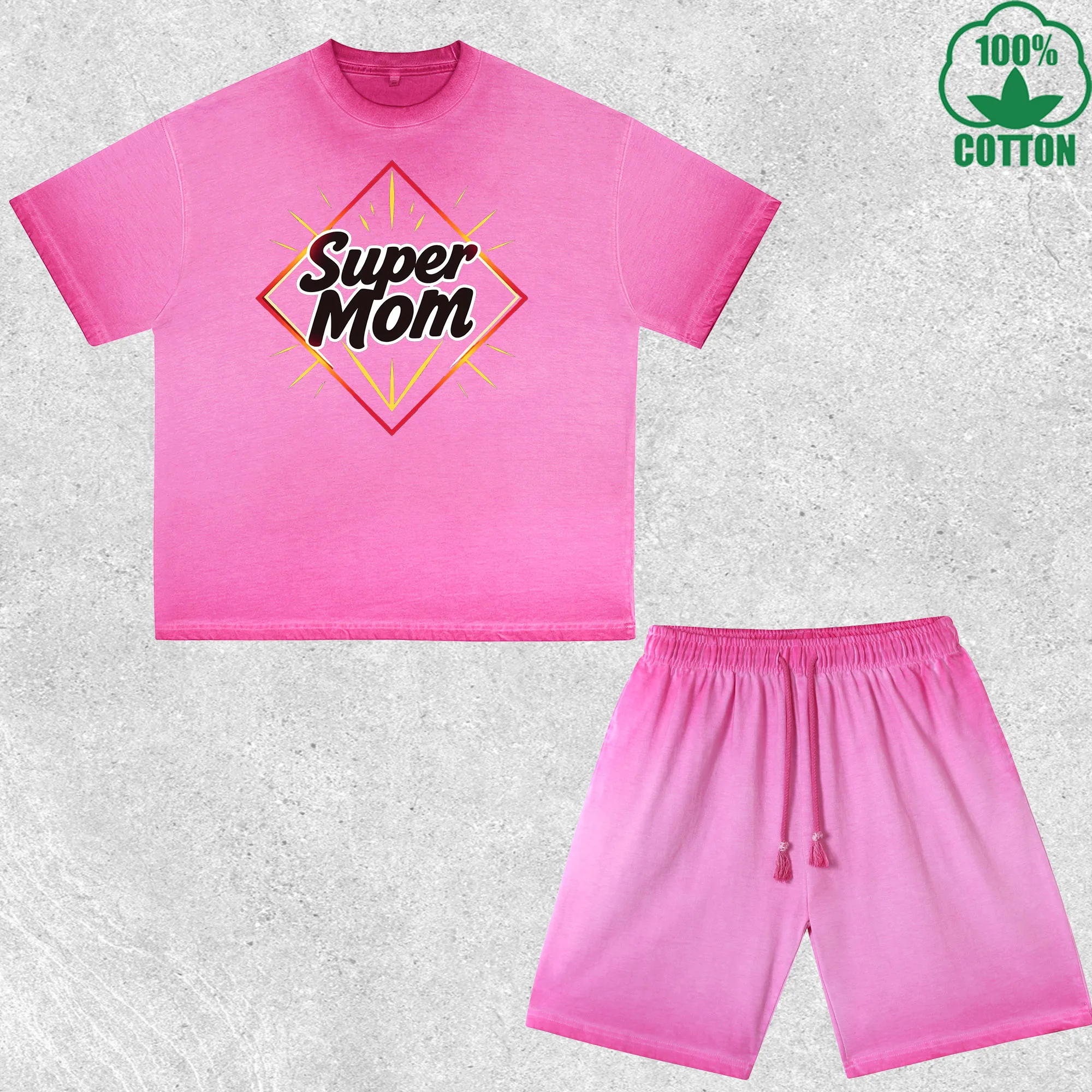 

Super Mom Printed Dirty Wash T-Shirt Shorts Set Multicolor Combo Loose Trendy Fashionable 100%Cotton Short Value Pack