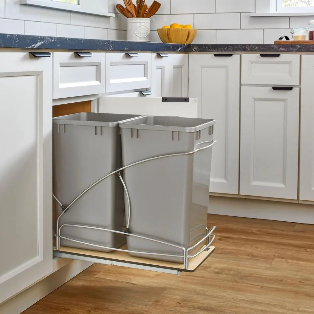 

Steel Bottom Mount Double 27 Quart 6.75 Gallon Waste Bin Trash Container for Under Kitchen Cabinet with Soft Close, Customized
