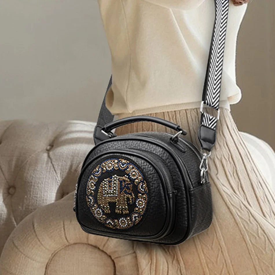 Luxury Elephant Pattern Designer Soft Leather Women Round Handbags Wide Strap Shoulder Crossbody Bag High Quality Women Handbag