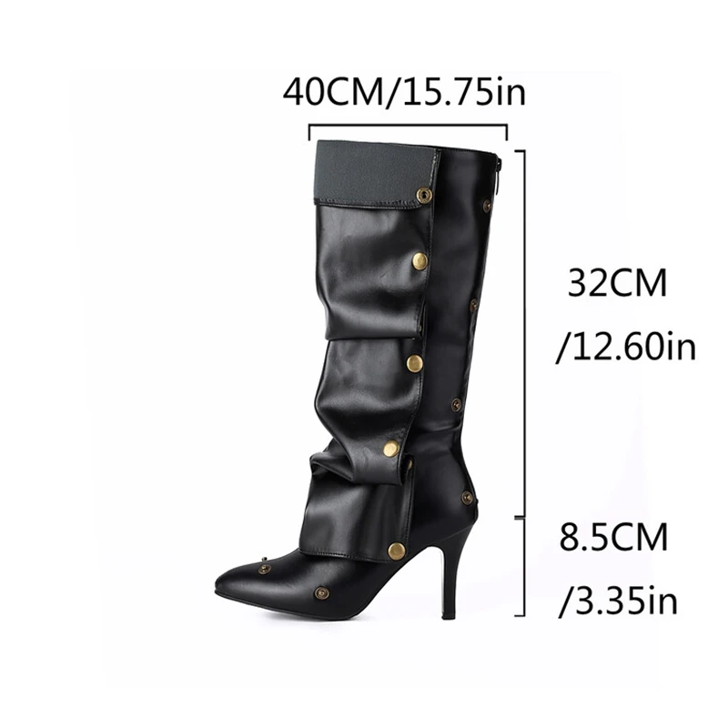 

ORCHA LISA 2025, новый дизайн, женские сапоги до колена с острым носком, 8,5 см, на шпильке, на пуговицах, съемные, широкие, размер 44-46, плиссированные