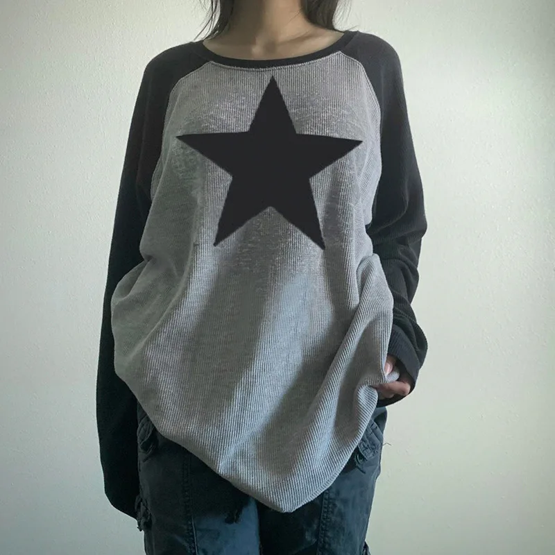 

Fashion Star Print Kawaii Y2K Pullover T-Shirts Women Contrast Patchwork Harajuku Clothes Full Sleeve Long Sweats Tops