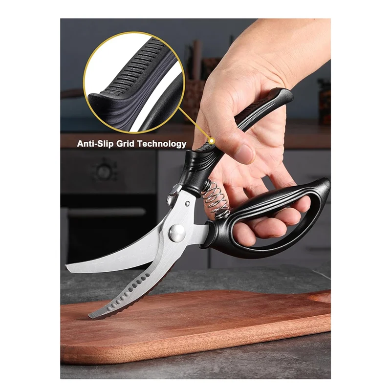 Tesouras para aves, tesouras de cozinha com mola carregada, tesoura resistente para carne, frango, peru, alça antiderrapante