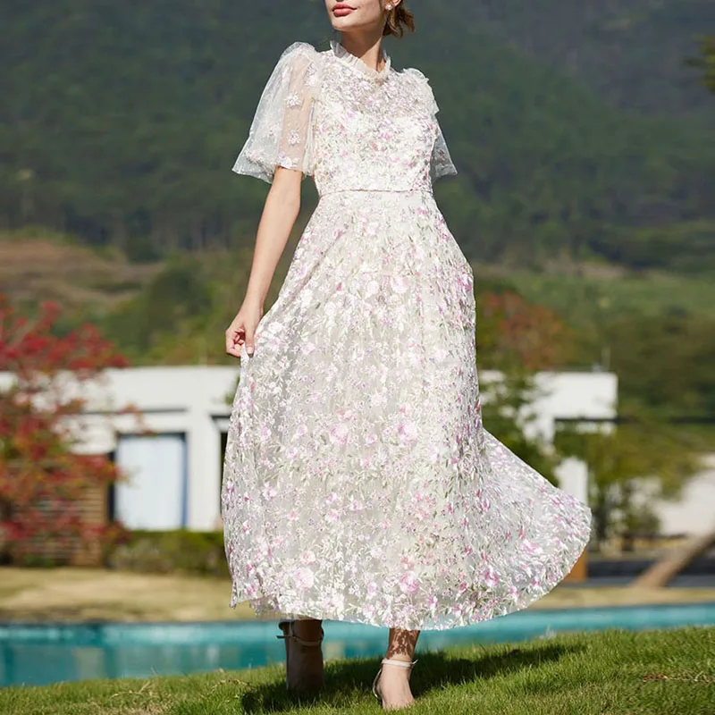 

Seifrmann модный дизайн, женское платье в стиле отпуска, винтажное сетчатое платье с короткими рукавами и цветочной вышивкой, новинка весны 2023 г.