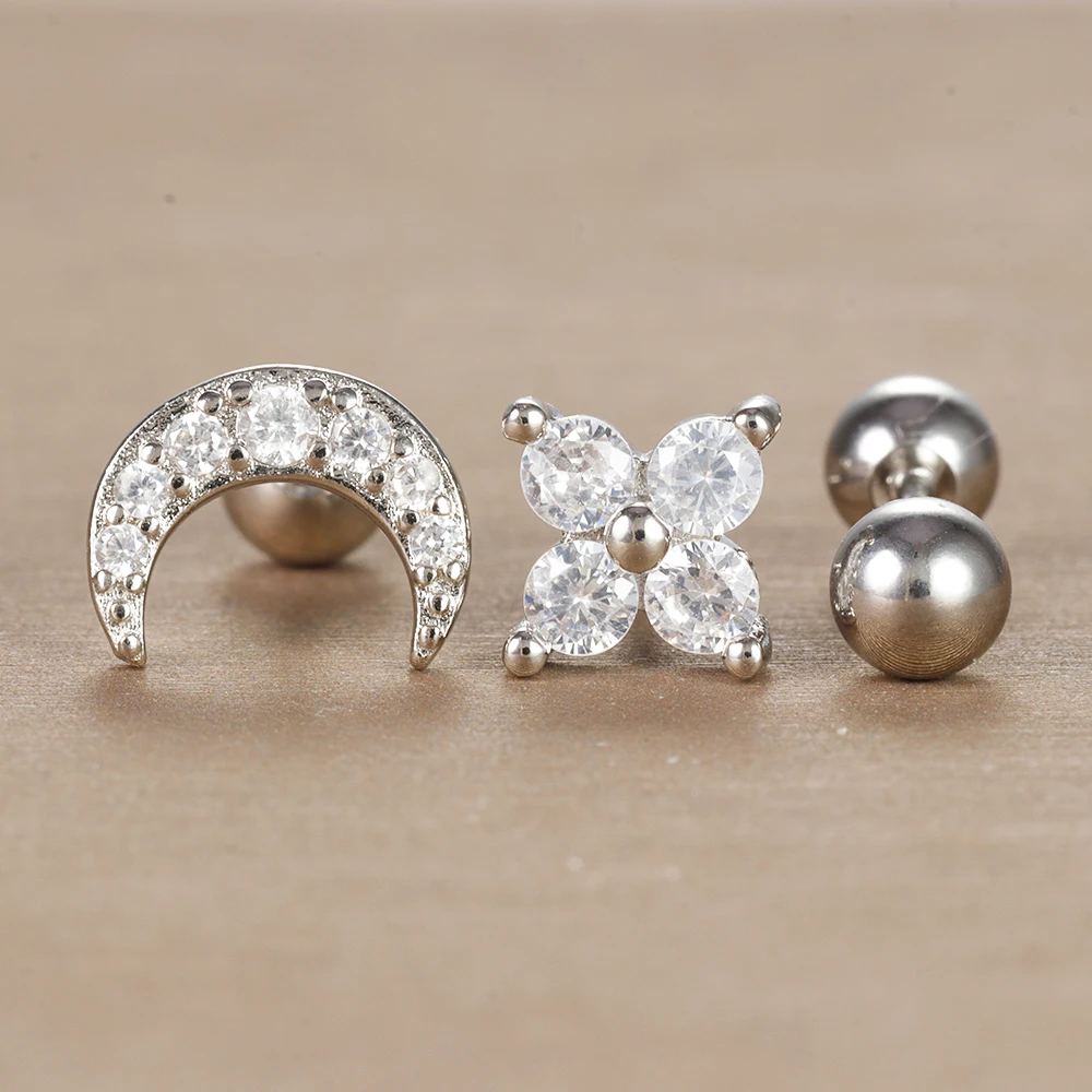 3PCS/Set Trendy Stainless Steel Crystal Flower Moon Earrings for Women Helix Tragus Cartilage Ear Stud Earring Piercing Jewelry