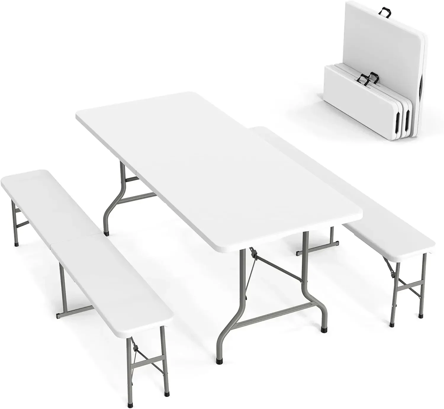 Juego de mesa de picnic con 2 bancos, juego de sillas y mesa de camping de 6 pies, muebles plegables de 3 piezas, blanco