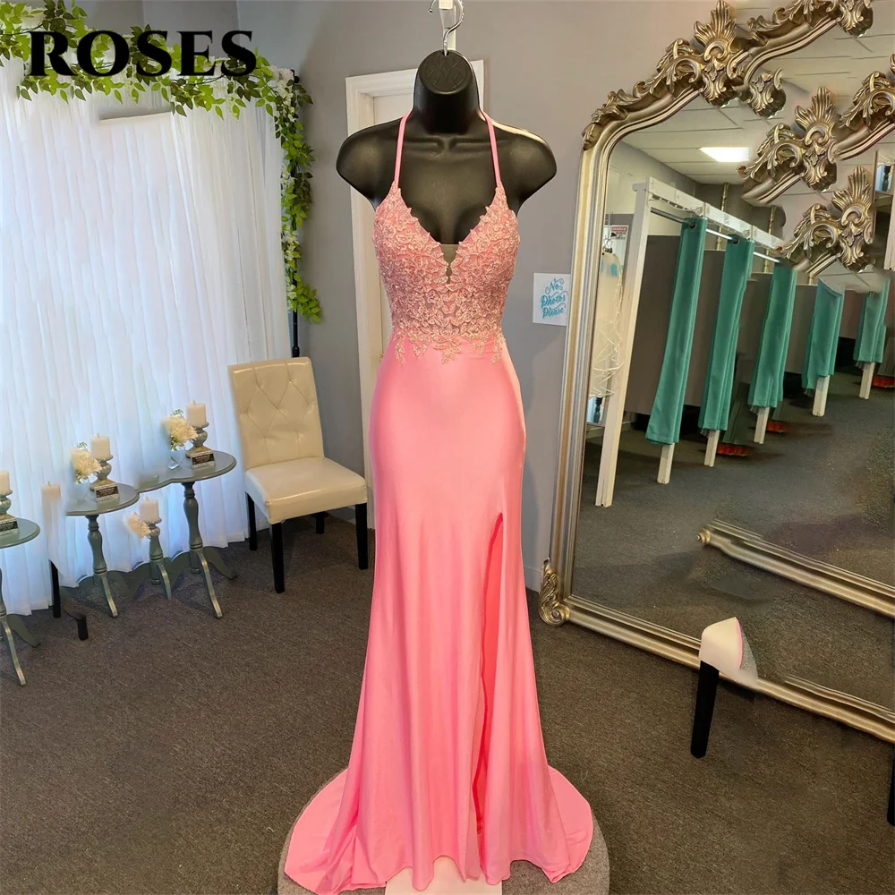 

ROSES Stain Mermaid Evening Gowns V Neck Spaghetti Strap Elegant Prom Dresses Appliques Wedding Evening Dress robes de soirée