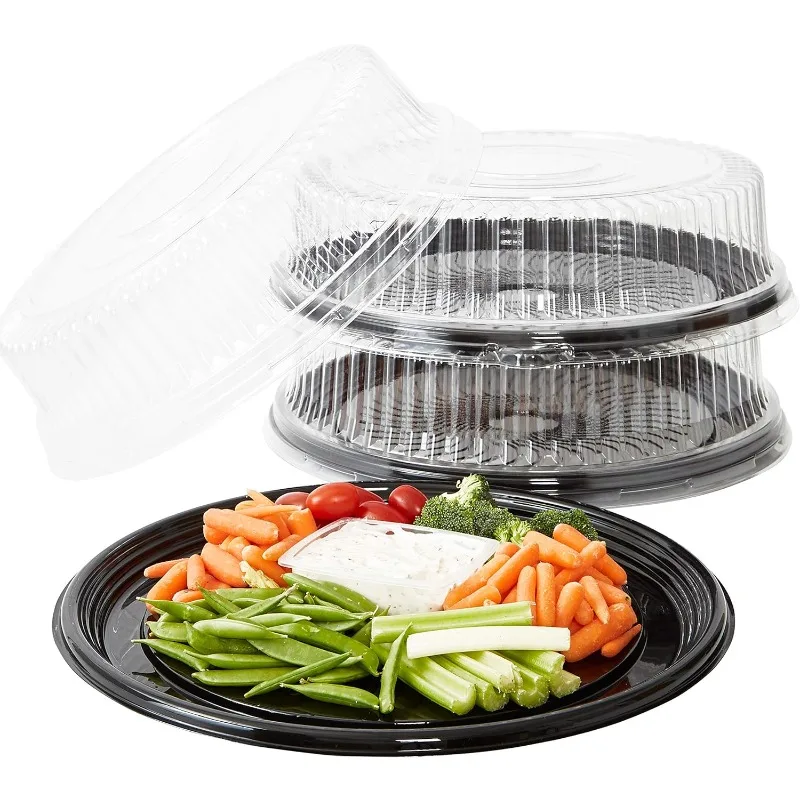 Heavy Duty, Recyclable 16 in. Serving Tray and Lid 3pk. Large, Black Plastic Party Platters with Clear Lids. Elegant Round