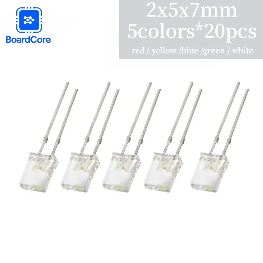 100 Stück quadratische LED-Dioden, 5 Farben, helle Anzeige, 2 x 5 x 7 mm, Rot/Grün/Gelb/Blau/Weiß für Elektronik-DIY