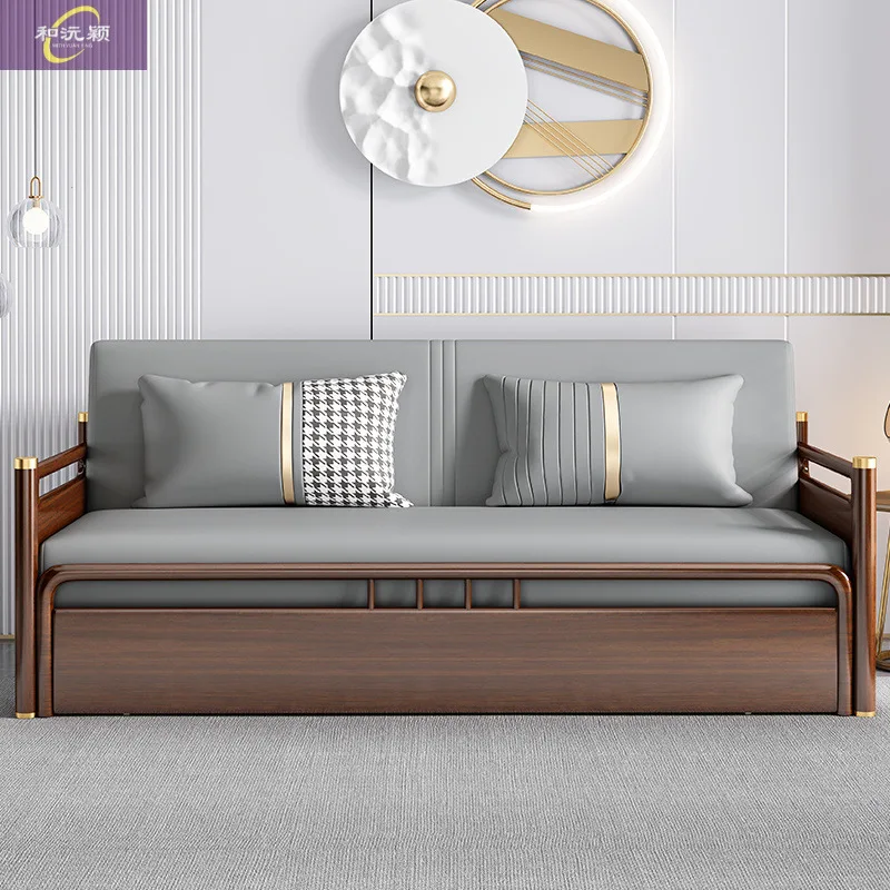 LH solid wood sofa bed living room small multi-functional new Chinese Arhat bed foldable dual-purpose