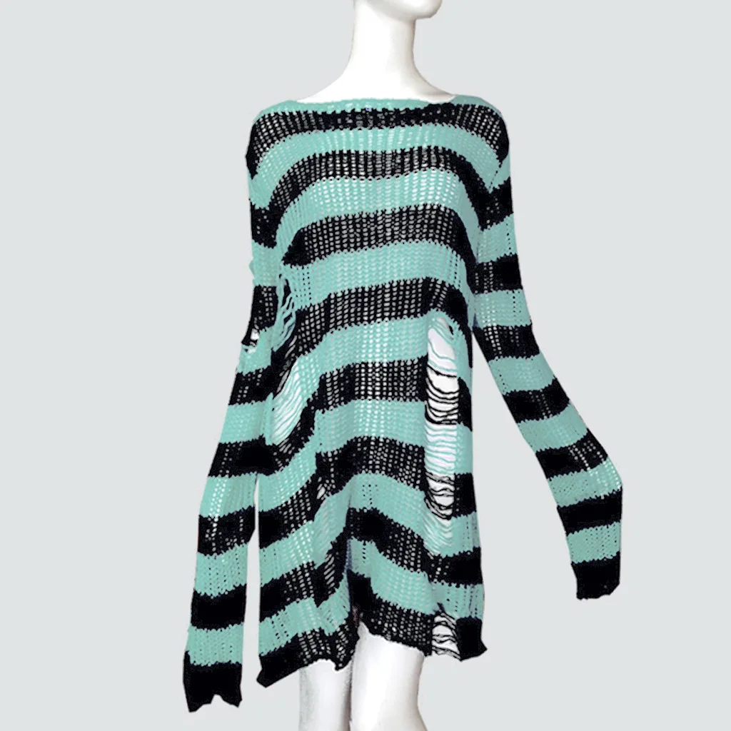 2025 Hole Tearing Y2k Medium to Long Length Sweater for Women and Couples, Striped Loose Casual Personalized Knitted Sweater - Image 6