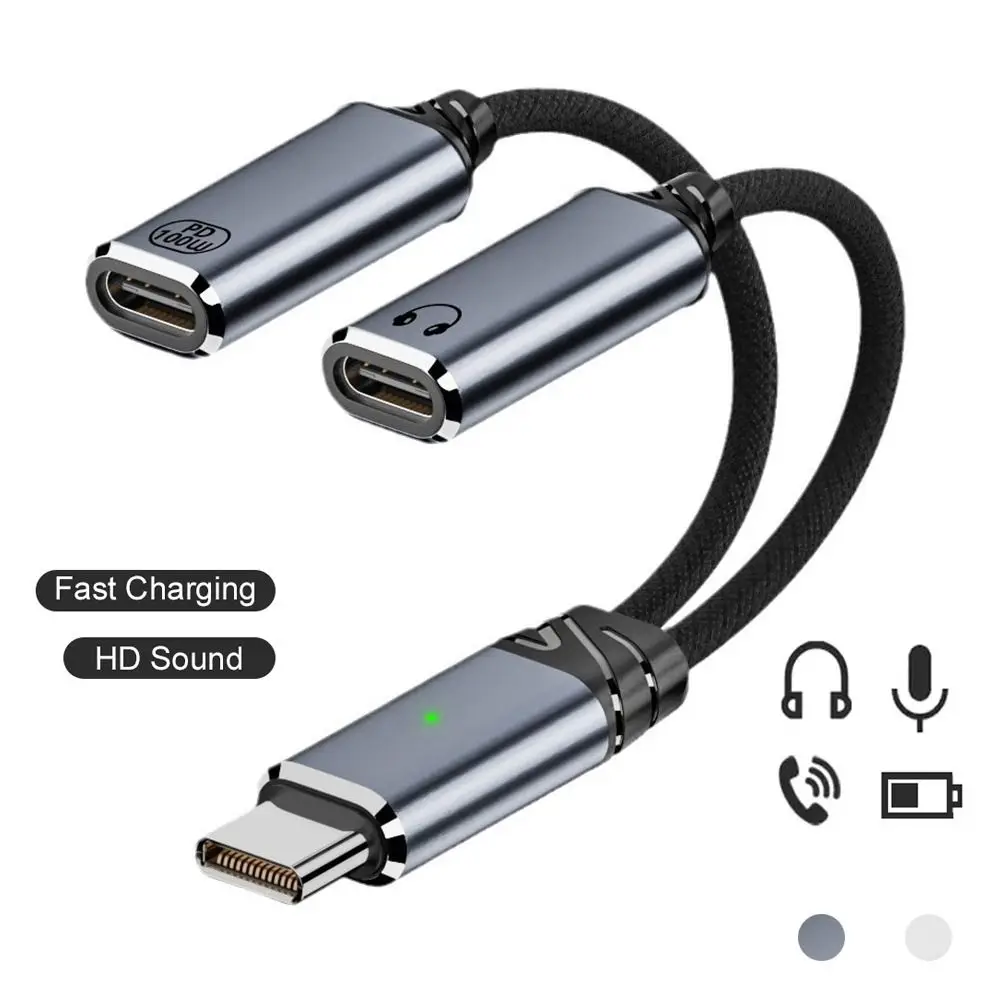 

2 in 1 Dual Type-C Earphone Adapter Fast Charging PD 100W Heaphone Converter HiFi Music Data Transfer Audio Connector