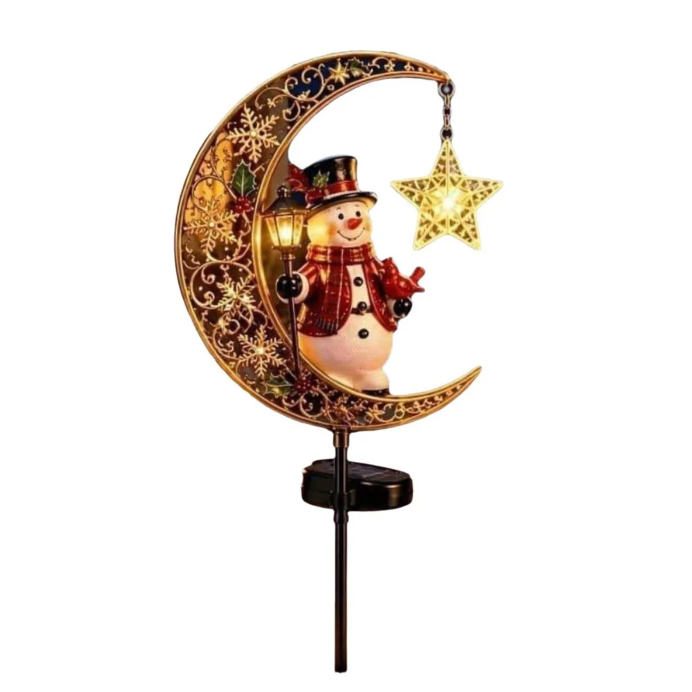 防水仕様のソーラー式クリスマス三日月型ガーデンライト。鉄製で、太陽光で充電。クリスマスムーンソーラーライト、サンタクロースのデザイン。