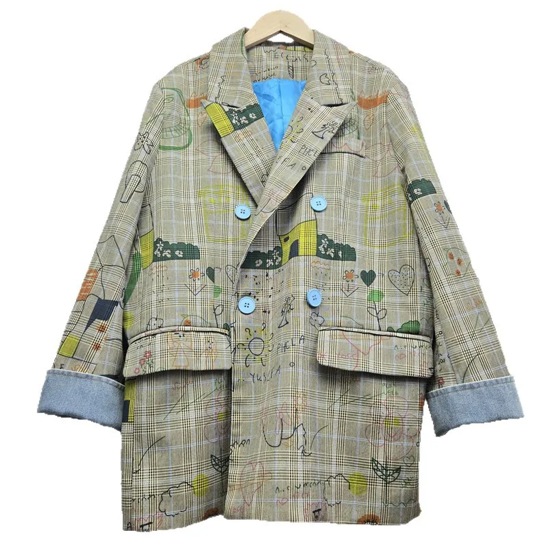 

Fashion Frayed Burrs Plaid Suit Jacket Loose Casual Notched Collar Contrast Color Denim Long Sleeve Stitching Women Blazers Coat