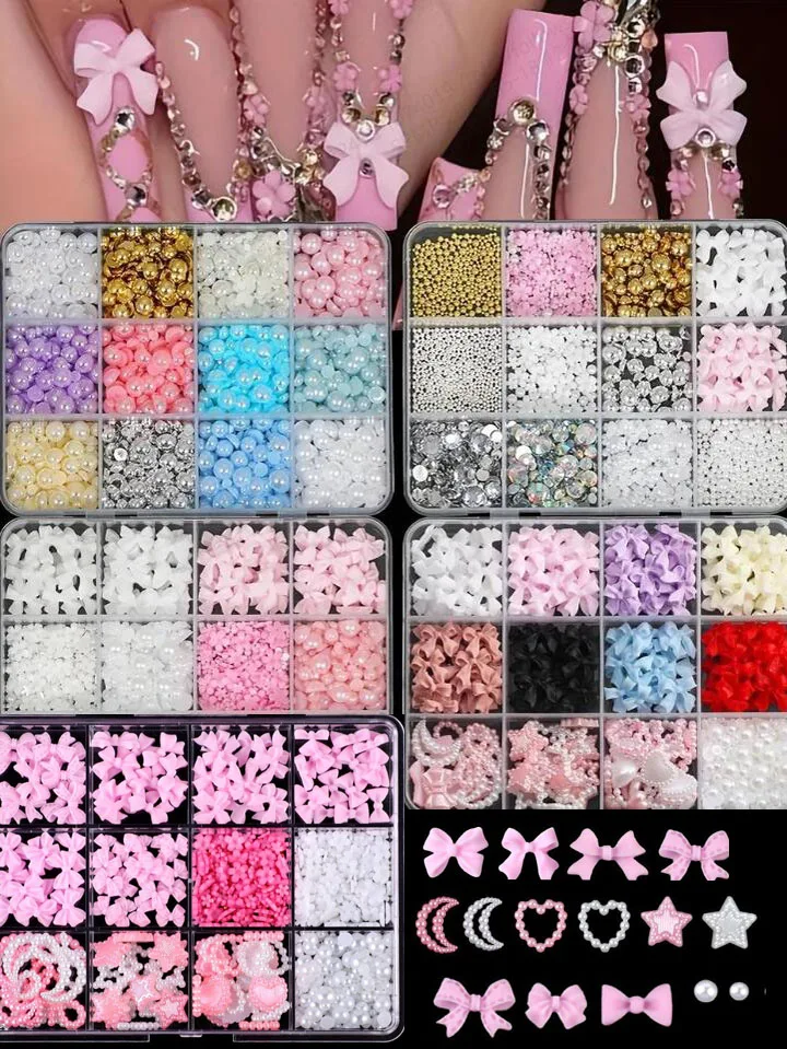 12 rejillas/caja 3D de resina con lazo, corazón de amor, dijes para uñas, pajarita blanca rosa mezclada, flores de perlas, decoraciones artísticas para uñas, suministros para uñas DIY