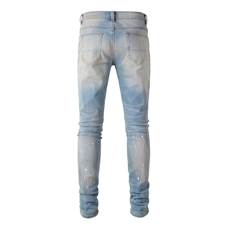 Blue High Street Holes Transparent Crystals Patchwork Stretch Slim Fit Rhinestones Patches Distressed Ripped Graffiti Jeans Men
