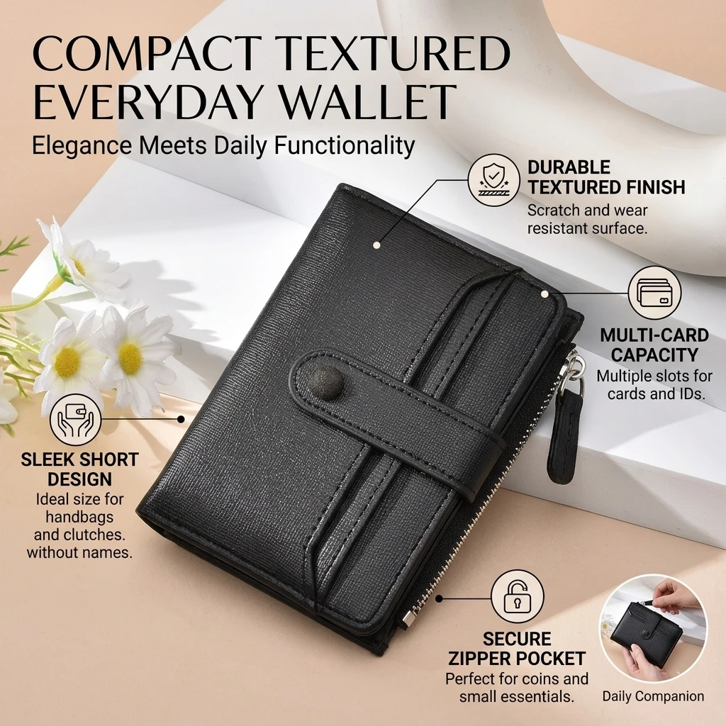 Women's Short Wallet Pebbled PU Leather Multi-Card Slot Clutch Purse Wear-Resistant Compact Card Holder with Coin Pocket for