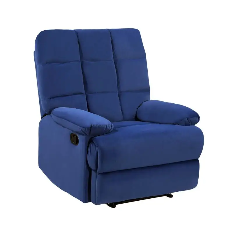 Modern Blue Velvet Reclining Chair, Square Tufted Back, Pillowtop Arms, Solid Wood, Stylish Living Room Recliner Furniture, 1