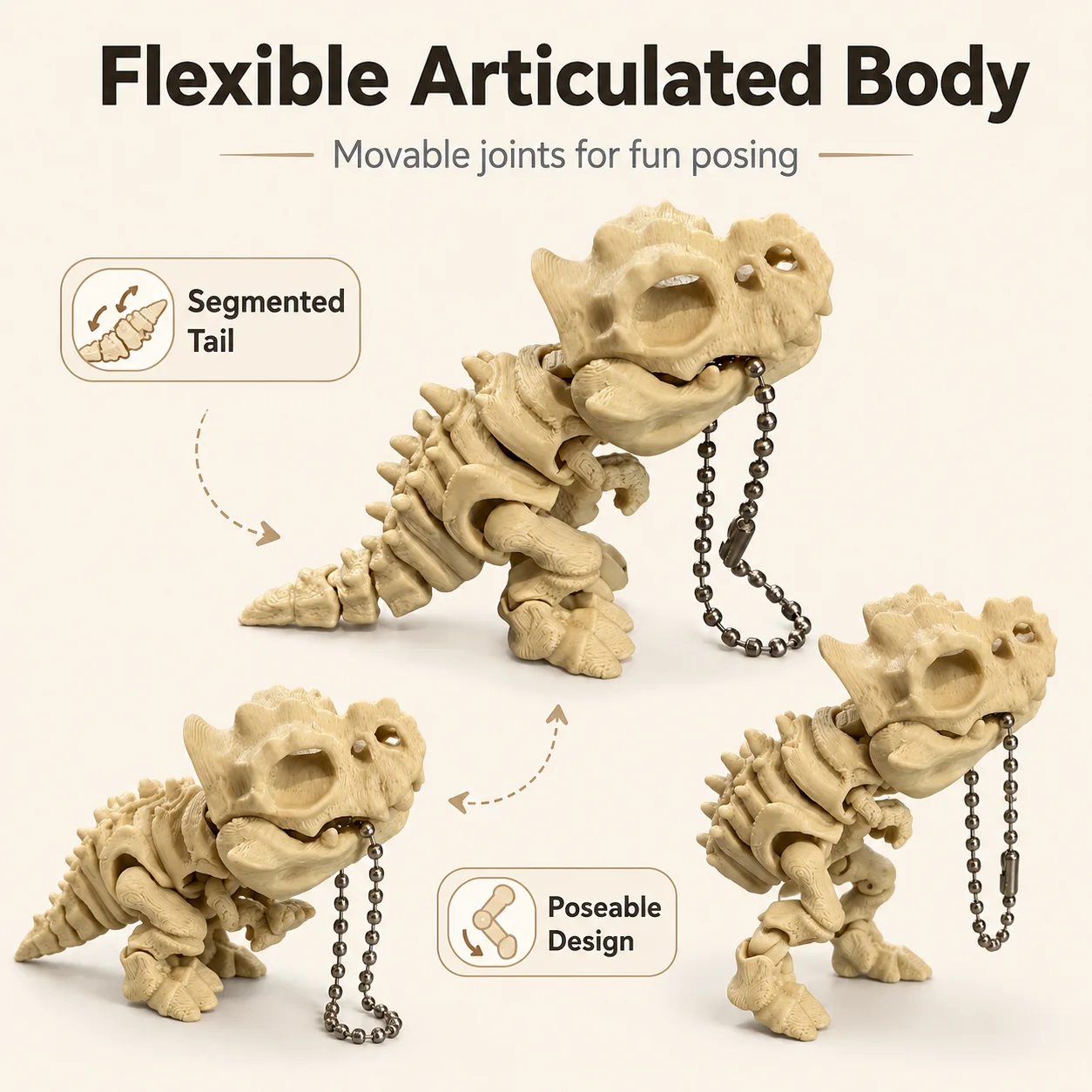 Rafford 3D-gedrucktes Tyrannosaurus Rex Skelettmodell – drehbare Gelenke, Deko- und Fidget-Spielzeug, Dinosaurier-Schlüsselanhänger, Weihnachtsgeschenk – Detail 1