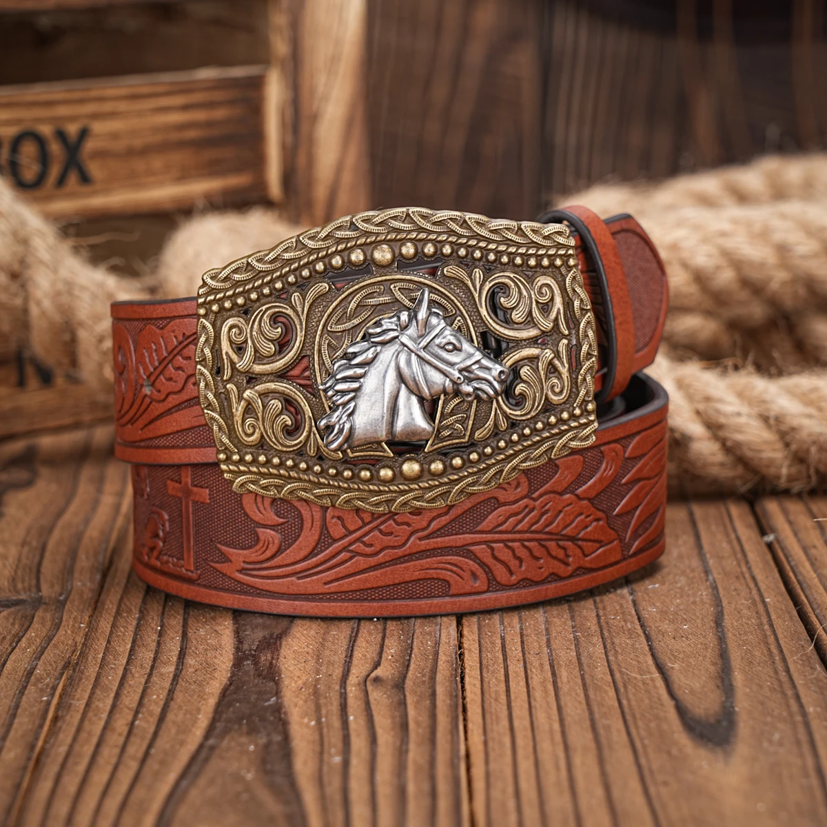 Ein lässiger, individueller und Retro-Gürtel, Kleidungsaccessoire im Western-Stil, Metallschnalle, PU-Gürtel, geeignet für Männer und Frauen. – Detail 4