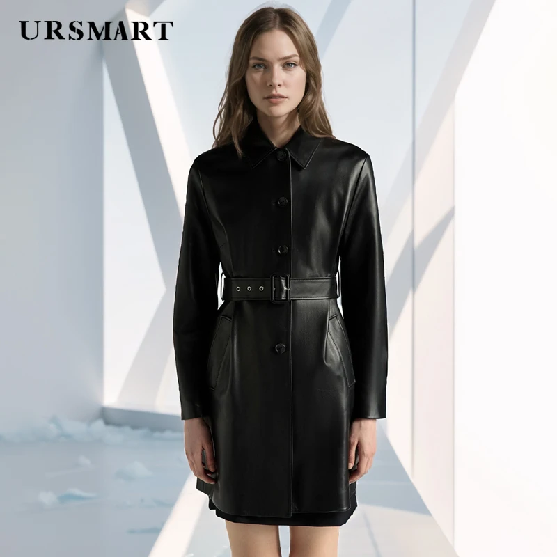 Black Leather Windbreaker for Women Single-Breasted Slim Fit Classic Spring and Autumn Fashion leather Trench Coat