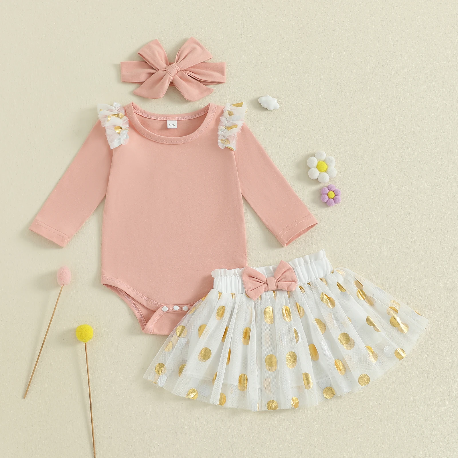 

Комплекты одежды для маленьких девочек 0-24 месяцев, комбинезон с длинными рукавами и рюшами, тюлевая юбка в горошек и повязка на голову, комплект из 3 предметов